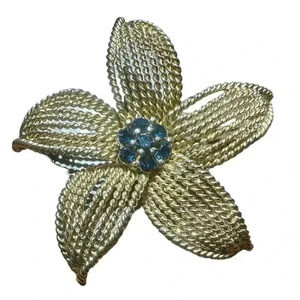 Metal flower pendant- Gold tone with Blue Rhinestones